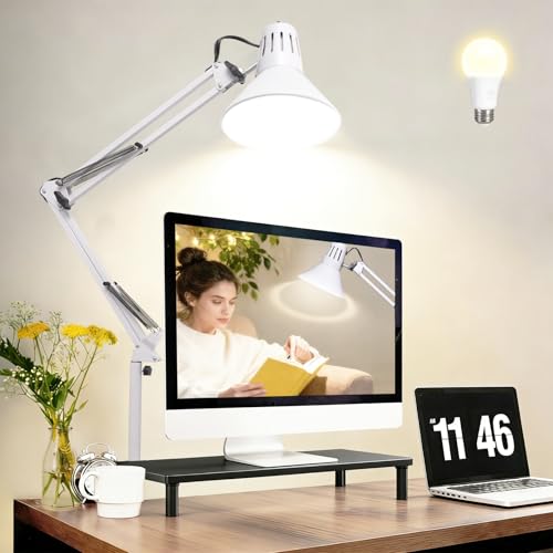 White Desk Lamp with Clamp, Extra-Tall Adjustable Metal Swing Arm, 3000K | Manicurist Table Lamp for Nail Work, Drafting, Sewing, Crafting, College Dorm and Home Office, A19 Bulb Included - color: White, size: 3000K Warm Light-Extra Long Swing Arm