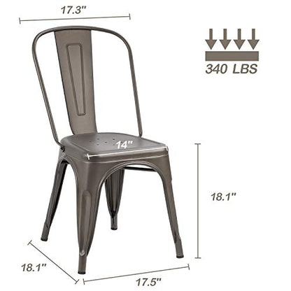 Devoko Metal Indoor-Outdoor Chairs Distressed Style Kitchen Dining Chairs Stackable Side Chair with Back Set of 4 (Gun) - color: Gun