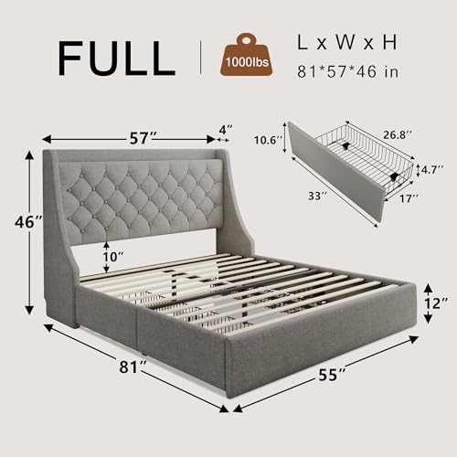 Einhomn Upholstered Full Size Bed Frame with 4 Storage Drawers, Platform Bed Frame with Wingback Headboard, Charging Station, No Box Spring Needed, Light Grey - color: Light Gray, size: Full