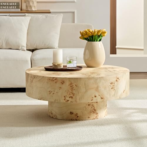 Burl Wood Coffee Table for Living Room Round Wooden Coffee Table with Pedestal 31.49" Modern Circle Center Tables Accent Tables for Apartment Easy Assembly-Natural Wood - color: Natural Burl, size: 31.5''Round