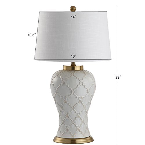 JONATHAN Y Arthur Textured Ceramic Table Lamp 29", Cream | Quatrefoil Trellis Design, White Linen Drum Shade, Brass Accents, LED Bulb Included