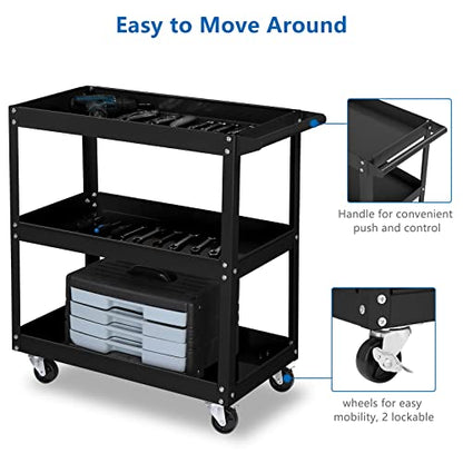 TUFFIOM 3 Tier Rolling Tool Cart, 330 Lbs Capacity, with Ergonomic Handle, Black - color: Black