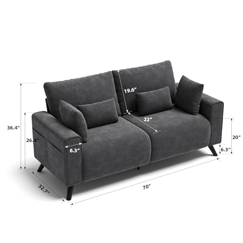 70” Loveseat Sofa, Grey Love Seat Couches for Living Room, 2 Seater Small Couch for Small Spaces, Bedroom, Office Sofas