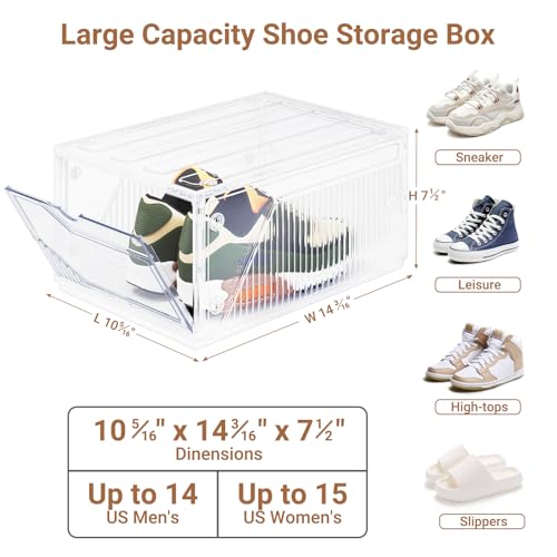 BROVIEW XX-Large Shoe Sneaker Storage Boxes for Size 14, 8 Pack Shoe Boxes | Stackable & Thicken Clear Plastic Shoe Organizers for Entryway Closet, Shoe Container Display Case w/ Magnetic Door - size: 8 packs
