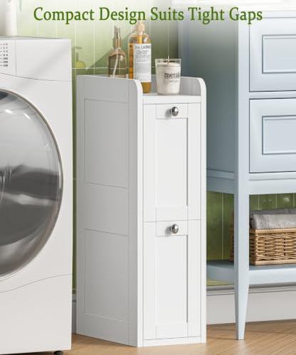 Keehusux Slim Bathroom Storage Cabinet with 2 Slide Out Drawers, White | Narrow Storage Organizer, Anti-drop Guardrail, Freestanding Toilet Paper Holder for Kitchen Corner and Small Spaces, Modern
