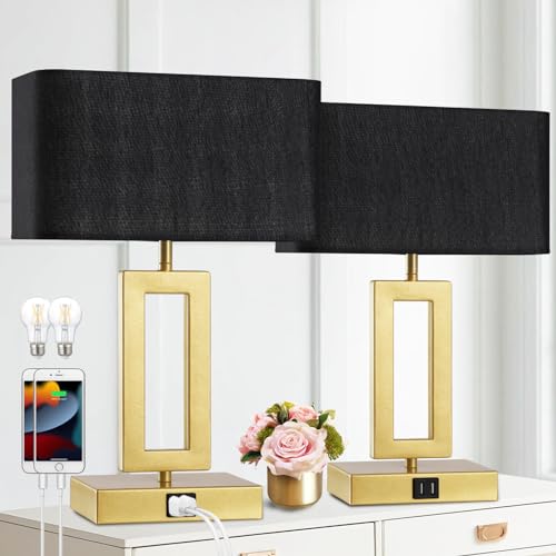 gernehop Black Table Lamps Set of 2 with Dual USB Ports,3-Way Dimmable Touch Control Bedside Lamps,Modern Bedroom Table Lamp for Living Room,Nightstand LED Bulbs Included - color: 16inchBlack&Gold