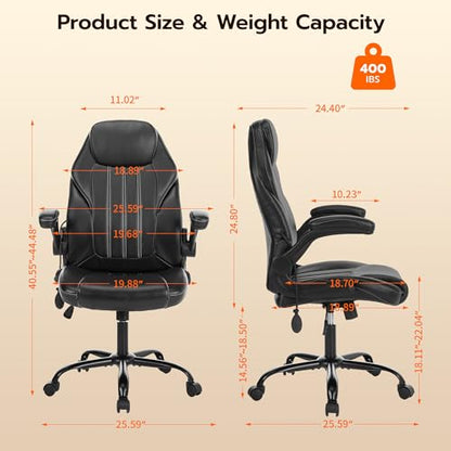 Ylzyxal Office Desk Chair, Ergonomic Computer Chair with Padded Flip-Up Arms and Adjustable Lumbar Support, PU Leather Executive Chair with Tilt Lock and 360° Swivel Rolling Wheels for Work, Study - color: Black