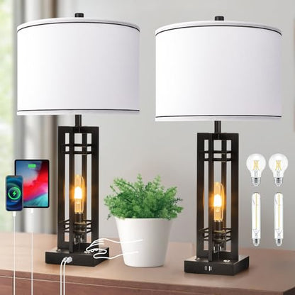 Set of 2 Farmhouse Table Lamps for Living Room,27-inch Bedside Lamps | White Shade Desk Lamps with USB A+C Ports, 3-Level Dimmable Touch Light, 4 LED Bulbs Included, Bedroom Home Office Nightstand - color: White