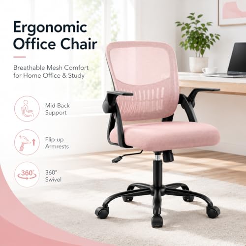 Ergonomic Office Chair, Home Office Desk Chair, Breathable Mesh Desk Chair with Adjustable Lumbar Support and Flip-up Armrests, Game Chairs, 360° Swivel Desk Chairs for Conference, Meeting Room(Pink) - color: Pink