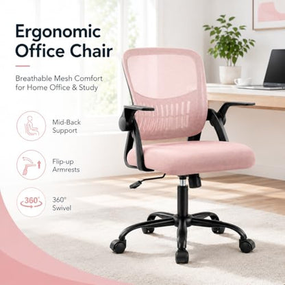 Ergonomic Office Chair, Home Office Desk Chair, Breathable Mesh Desk Chair with Adjustable Lumbar Support and Flip-up Armrests, Game Chairs, 360° Swivel Desk Chairs for Conference, Meeting Room(Pink) - color: Pink