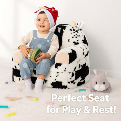 QIUODO Comfy Toddler Couch Chair, 2-in-1 Foldable Kids Sofa | Fold Out Toddler Couch with Faux Rabbit Fur, Soft Kids Sofa for Reading, Bedroom or Playroom Use, Ages 1-3（Cow）