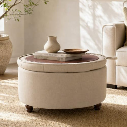 30" Round Storage Ottoman Coffee Table, Tufted Lid & Wood Top, Khaki | Nailhead Trim Solid Wood Legs Extra Large Footrest Linen-Like Fabric - color: Khaki
