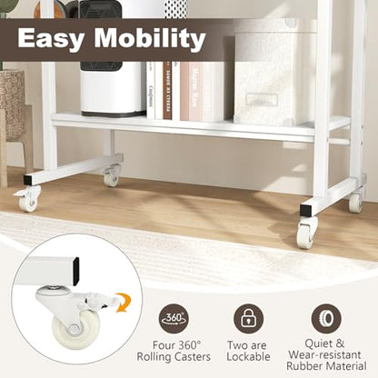 Tangkula Rolling Computer Desk Cart with Keyboard Tray, Mobile Portable Laptop PC Desk with CPU Stand & 3 Hooks for Sofa & Bed, Compact Small Desk on Wheels for Small Spaces (White) - color: White
