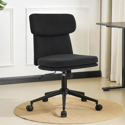 Armless Office Chair with Wheels, Luxury Chenille Swivel Desk Chair with Ergonomic Curved Full Back, Double-Layer Seat, Adjustable Modern Vanity Chair for Makeup, Home Office, Black - color: Black, size: Full Back