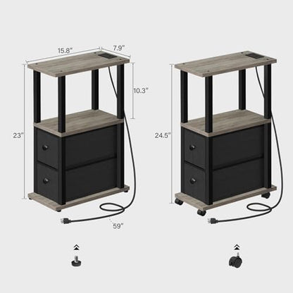 TUTOTAK Small Narrow End Tables, Side Tables with 2 Fabric Drawers, Set of 2, Bedside Tables with Charging Station for Small Spaces, Slim Nightstands with USB Ports and Wheels, TB01BG053 - color: Greige, style: with Outlets