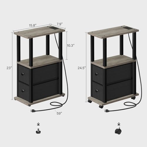 TUTOTAK Small Narrow End Tables, LED Side Tables with 2 Fabric Drawers, Set of 2, Bedside Tables with Charging Station for Small Spaces, Slim Nightstands with USB Ports and Wheels, TB01BG053L - color: Greige, style: with LED Light & Outlets