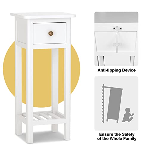 Narrow End Table, Tall Nightstand with Drawer & Shelf, Small Bedside Table w/Anti-Tipping Device, No Assembly, White - color: White