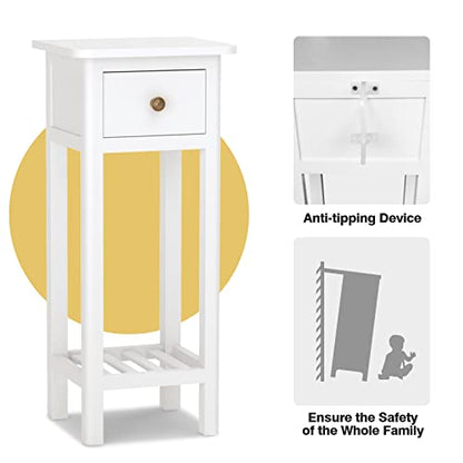 Narrow End Table, Tall Nightstand with Drawer & Shelf, Small Bedside Table w/Anti-Tipping Device, No Assembly, White - color: White