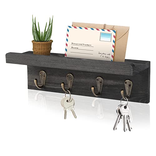 HRONRAD Rustic Key Holder for Wall, Farmhouse Wall Shelf with 4 Hooks, Wall Mounted Key Racks, Wooden Mail Organizer with Hooks for Entryway (Black - Pine) - color: Black - Pine