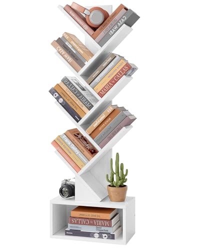Hoctieon 6 Tier Tree Bookshelf, Tall Bookcase with Drawer, Freestanding Book Shelf, Display Floor Standing Storage Shelf, Book Organizer Shelves for Home Office, Living Room, Bedroom, White - color: White, size: 6 Tier
