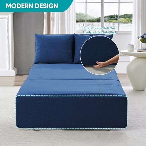 BALUS 43" W Twin Size Sleeper Couch Bed Pull Out Sofa with Pullout Beds, 2 in 1 Convertible Linen Single Sleepers Sofas Chair with Foldable Mattress and Pillows for Small Space Apartment, Blue - color: Blue, size: Twin