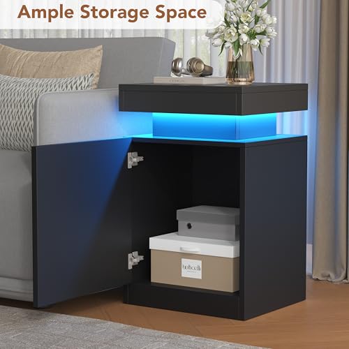 LED Nightstands Set of 2, 17 Inches Night Stand Set 2, Modern Bedside Table with LED Lights, High Gloss Surface, End Table with Storage for Bedroom, Black - color: Black-17"