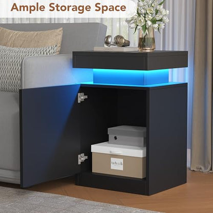 LED Nightstands Set of 2, 17 Inches Night Stand Set 2, Modern Bedside Table with LED Lights, High Gloss Surface, End Table with Storage for Bedroom, Black - color: Black-17"