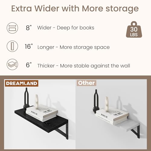 Dreamland Wall Mounted Floating Shelves Set of 2, 16x8, Black | Engineered Wood, Visible Bracket, Large Storage, Hold Up to 30lbs, Living Room, Bathroom, Bedroom, Kitchen - color: Black, size: 16"W x 8"D