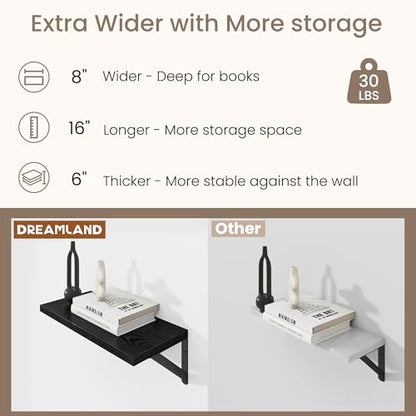 Dreamland Wall Mounted Floating Shelves Set of 2, 16x8, Black | Engineered Wood, Visible Bracket, Large Storage, Hold Up to 30lbs, Living Room, Bathroom, Bedroom, Kitchen - color: Black, size: 16"W x 8"D