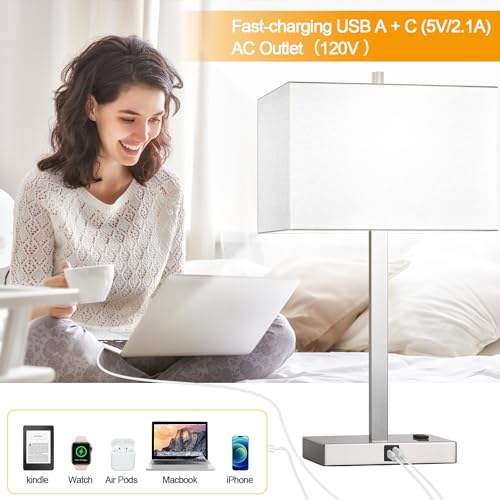 21" Set of 2 Touch Control Table Lamps with 2 USB & AC Outlets, 3-Way Dimmable Modern Nightstand Lamps for Bedroom Living Room Office Reading, White Shade Bedside Lamps, 5000K LED Bulbs Included. - color: (2 Pack)White Linen & Brushed Nickel(Base)-5000K B