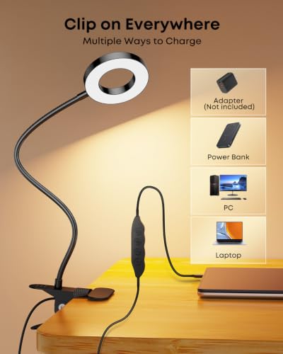 Clip on Light 5W Desk Lamp, Eye Caring Reading Light for Bed | 3 Colors & 6 Brightness, 48 LED Beads, 360° Flexible Metal Gooseneck,Black - color: Black