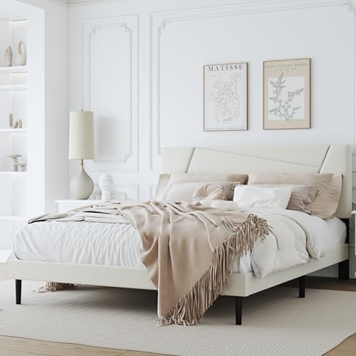 Queen Size Upholstered Bed Frame Frame with Headboard，Velvet Beige | Geometric Head Board Platform Bed, Sturdy Wooden Slats, Noiseless No Box Spring Required, Easy to Assemble - color: Beige, size: Queen