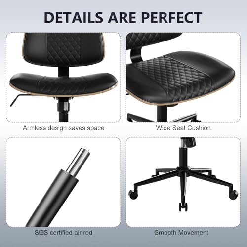 Modern Armless Office Chair with Wheels, Wide Seat Walnut, Black | Adjustable Swivel Desk Chair with Mid Back & Tilt Function, Faux PU Leather Mid Century Modern Task Office Chair, 300LBS Cap - color: Black, size: MCM Style Wide Seat