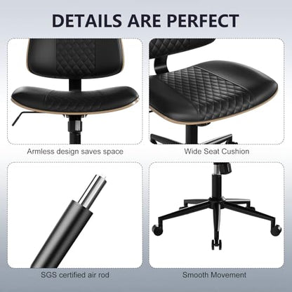 Modern Armless Office Chair with Wheels, Wide Seat Walnut, Black | Adjustable Swivel Desk Chair with Mid Back & Tilt Function, Faux PU Leather Mid Century Modern Task Office Chair, 300LBS Cap - color: Black, size: MCM Style Wide Seat