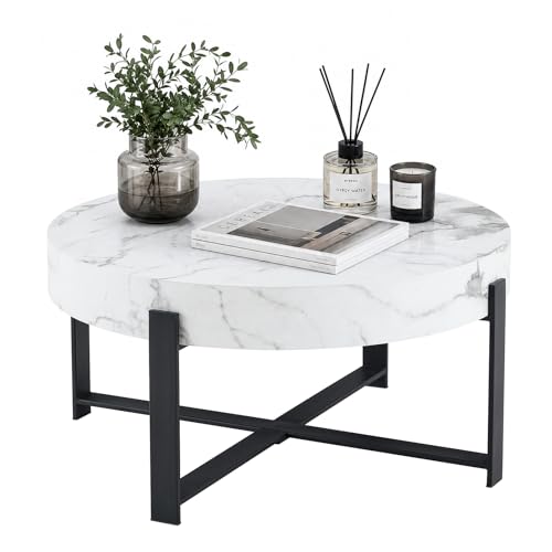 Round Coffee Table, Modern Faux Marble Coffee Table with Metal Frame, Small Wood Circle Table, Round Accent Center Tables for Living Room Apartment Small Space(31.5''D-White Marble) - color: X-white Marble