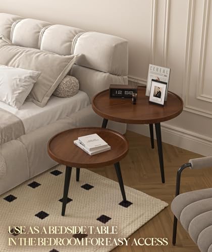 2-Piece Walnut Coffee Table,Durable Mid Century Small Round Coffee Tables for Living Room,Easy Assembly Modern Nesting Coffee Tables Set,Circle Side Tables for Sofa Bedside Balcony - color: Walnut