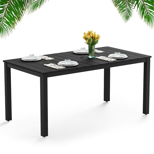 Outdoor Dining Table, Weatherproof 63" Rectangle HIPS Patio Dining Table for 6, with 2" Umbrella Hole, Outdoor Table for Backyard Deck Poolside, Black - size: 63" table