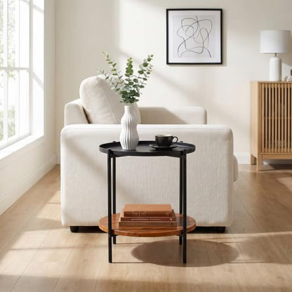 Round End Table with 2 Tier Storage, Modern Side Table with Wood Grain Lower Shelf and Durable Metal Frame, Small Accent Table for Sofa, Bedroom, Living Room, Apartment and Office