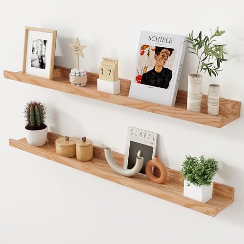 Oak Picture Ledge Shelf, 36 Inch Floating Shelves Set of 2, Solid Oak Wood Wall Shelves with Lip, Wall Decor Storage for Bedroom Living Room Bathroom Kitchen Nursery Photo Picture, Natural Oak - color: Nature, size: 36inch