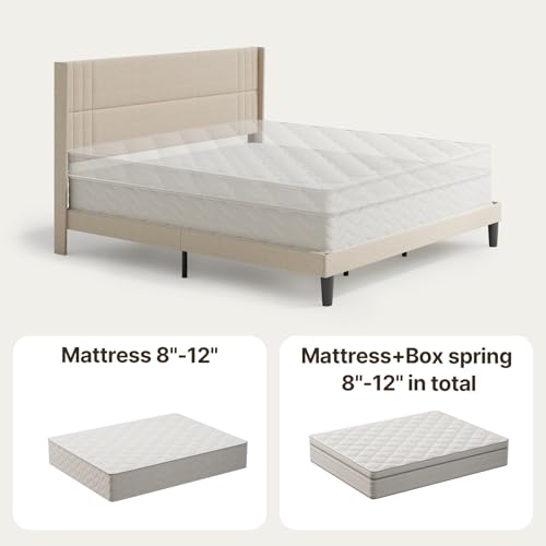 Gizoon King Bed Frame with Wingback Headboard, Upholstered Platform Bed | Bed Frame with Padded Headboard,Wooden Slats, Noise-Free, No Box Spring Needed, Easy Assembly,Beige - color: Beige, size: King