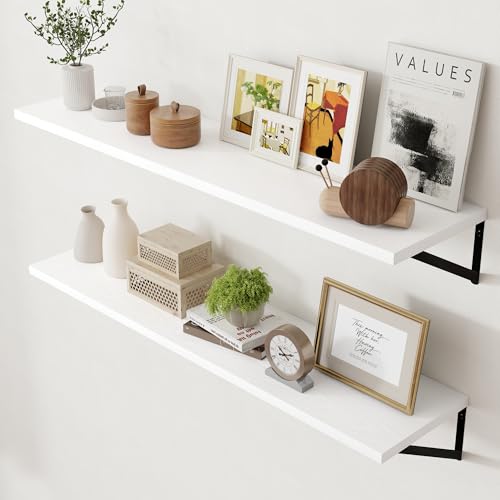 Floating Shelves for Wall White - 48 Inch Wide x 12 Inch Deep Wall Shelves Set of 2 - White Deep Wood Floating Shelves for Living Room Bedroom Laundry Room - color: White, size: 48W x 12D
