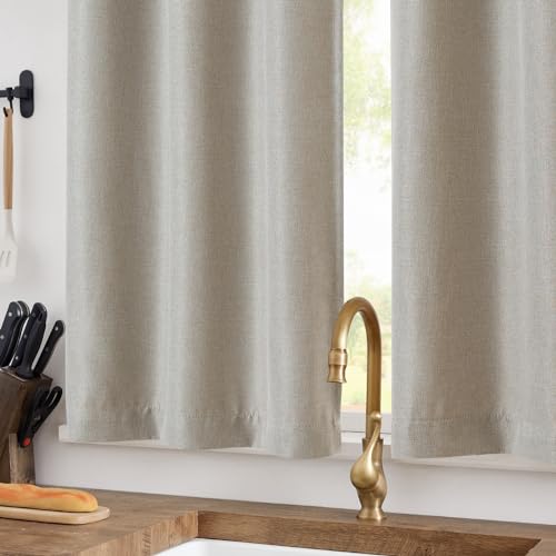 jinchan Beige Faux Linen Kitchen Tier Curtains 24 Inch Rod Pocket 2 Panels | Room darkening, cafe curtains for living room bedroom basement, small window, modern farmhouse, machine washable - color: Greyish Beige, size: 25"W x 24"L (Pack of 2)