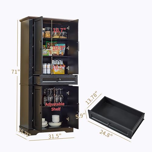 LIDYUK 71" Black Tall Pantry Cabinet Storage Cabinet Kitchen Buffet Cabinet | Drawer and Adjustable Shelves, Modern Food Pantry Storage Cabinet, Coffee Bar, Living Room and Dining Room - color: Black, size: 71"(H) x 31.5"(W) x 15.75"(D)
