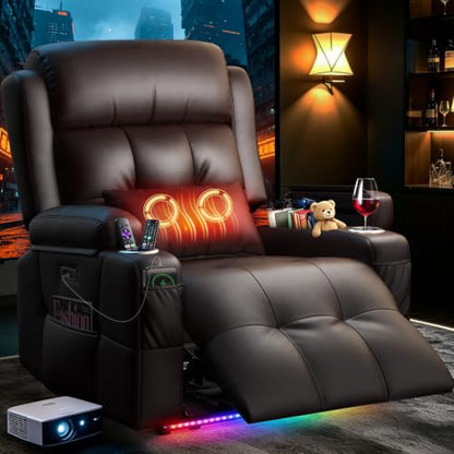 Home Theater Seating, Power Recliner Sofa Single Chair with Massage & Heat | Wall Hugger Reclining Single Chairs with USB, RV Furniture with LED Lights, Cup Holders for Movie Theater, Gaming Room - color: Brown, size: 34" - 1 Seat
