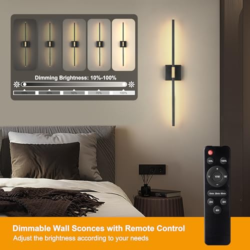 Morauroral Black Gold Battery Operated Wall Sconces Set of 2 with Remote | 3 Color Dimmable Rechargeable Wall Light, 24 Inch Wireless Sconces wall Decor with Timer Function for Living Room, Bedroom - color: Black Gold, size: 24 Inch (2 Pack)
