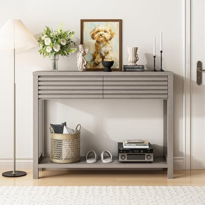 Ludatido Fluted Console Table for Entryway, 40'' Modern Small Entryway Table with Drawers, Storage Shelf, Narrow Wood Sofa Table for Living Room/Bedroom/Hallway Use (Oak Gray)