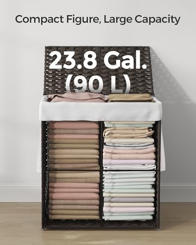 SONGMICS Laundry Hamper with Lid, 23.8 Gallon (90 L) Synthetic Rattan Clothes Laundry Basket with Lid and Handles, Foldable, Removable Liner, Chestnut Brown ULCB051K02 - color: Chestnut Brown, size: 90 L
