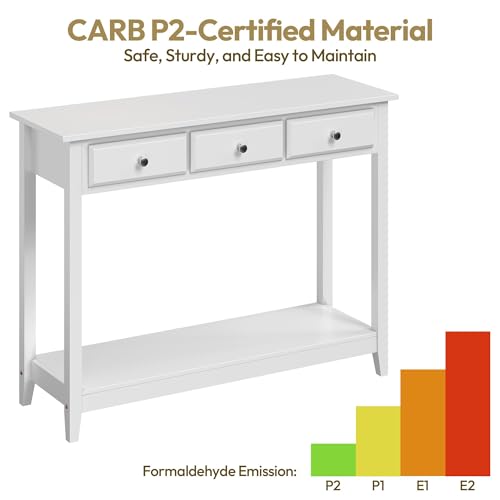 Yaheetech 42 Inch Narrow White Sofa Console Table with 3 Drawers and Shelf | White Entry Table for Living Room, Hallway and Entryway, Painted MDF, 13.5-Inch Slim Depth, 55 lb Top, Drawers Hide Clutter - color: White