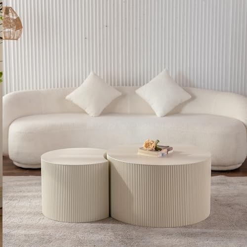 Nesting Coffee Table Set of 2, Round & Crescent Moon Wood Coffee Table and End Table Sets, Modern Luxury Accent Center Tea Table for Living Room Bedroom, （Beige + Cream, 18.9" & 14.96" - color: 18.9" & 14.96"-beige