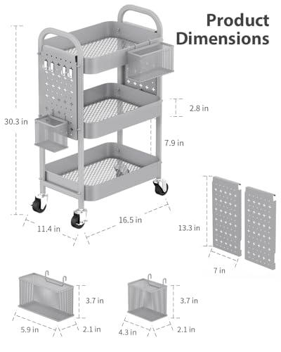 ALVOROG 3 Tier Rolling Cart with DIY Pegboards Metal Utility Cart with Wheels Handles Baskets Hooks, Craft Cart for Office Kitchen Bathroom(Light Gray) - color: Light Gray